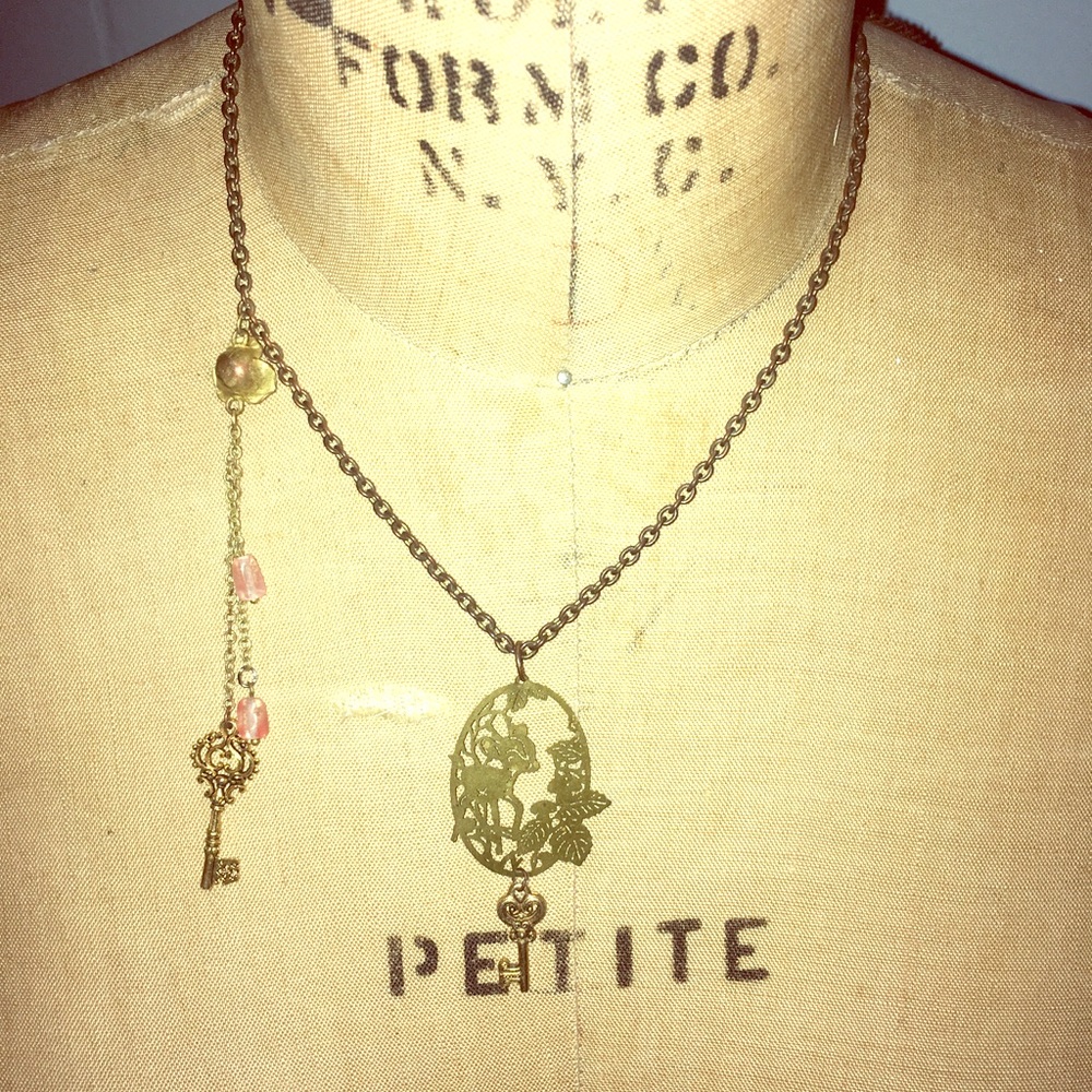 Asymmetrical deer & rose necklace handmade